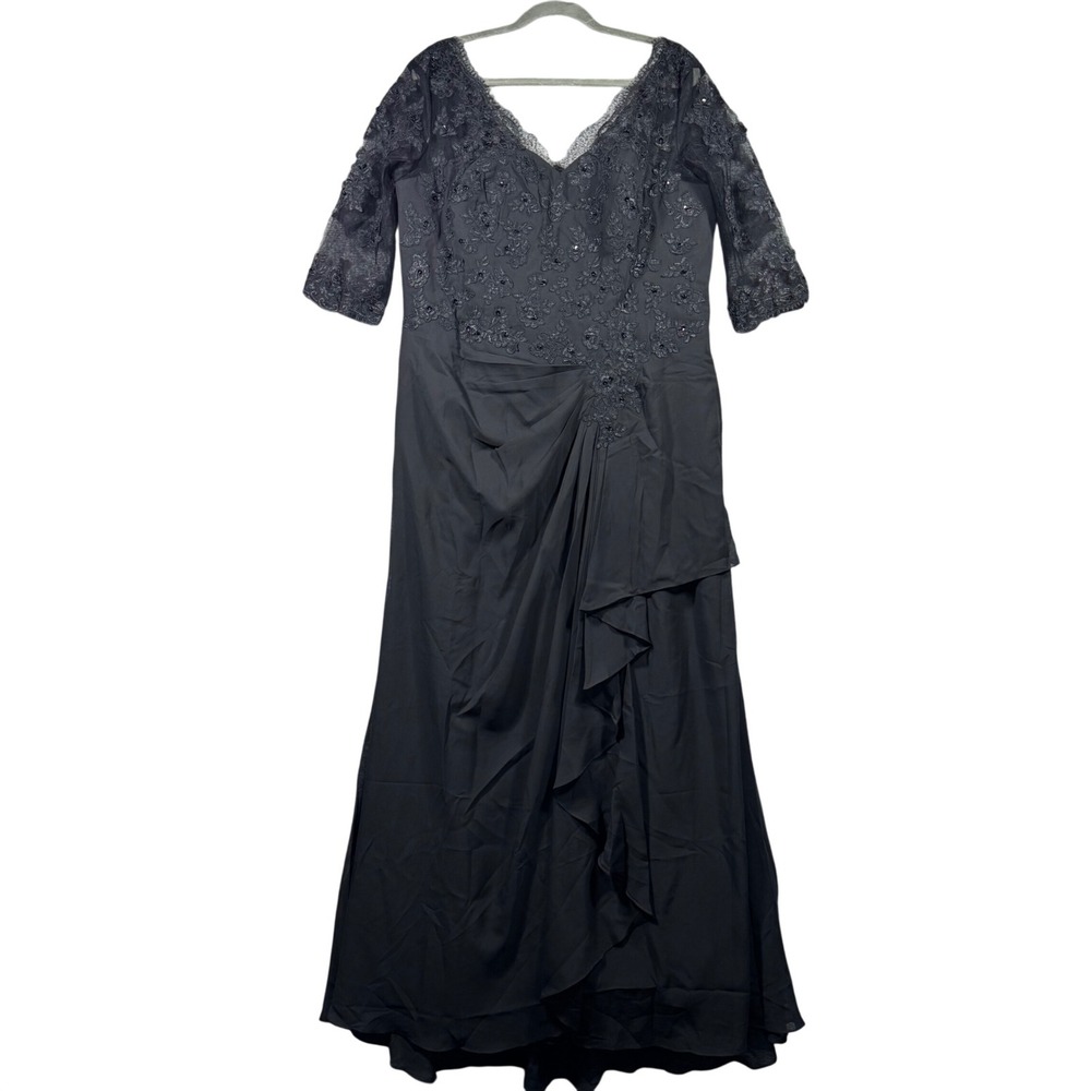 Formal Dress Black Lace Applique Beaded V Neck 3/4 Sleeve‎ Corset Tie Women 16W